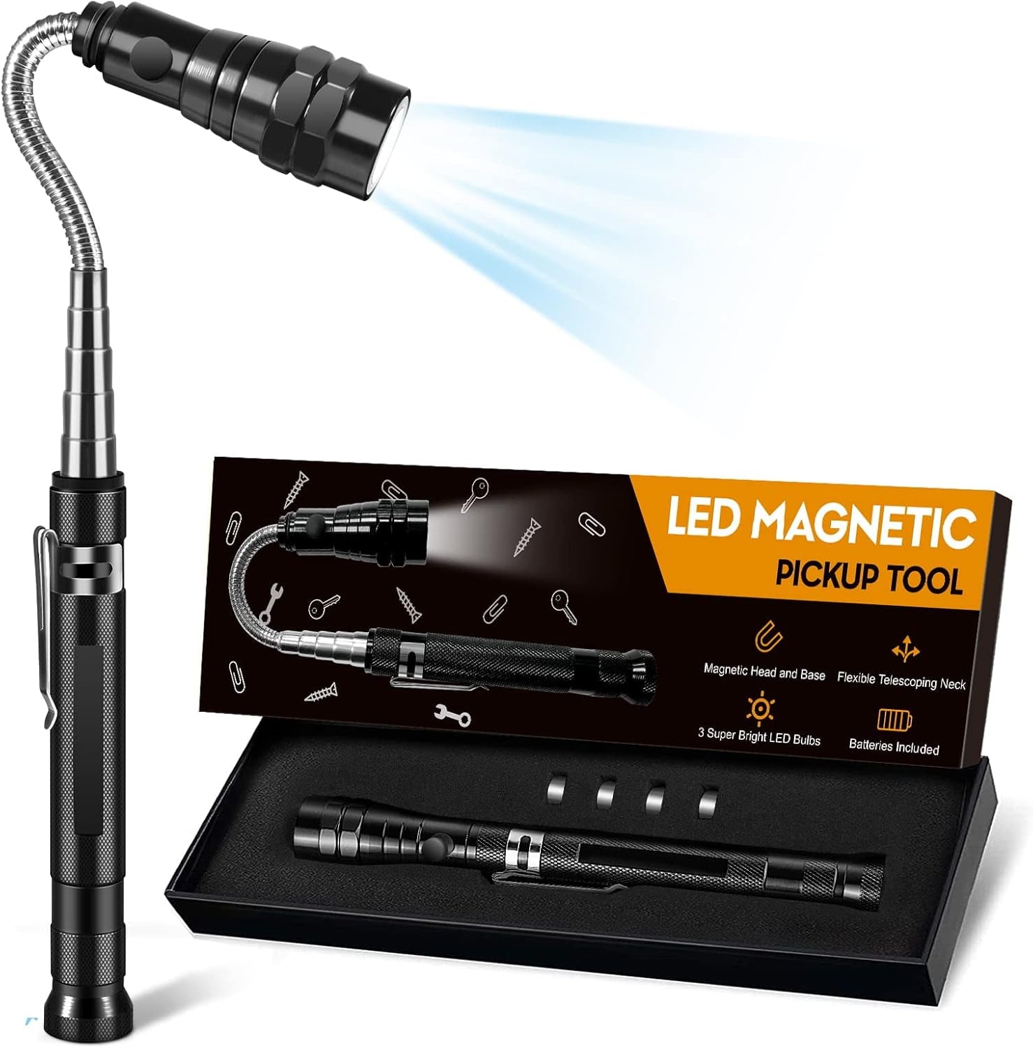 LED Magnetic Pickup Tool, Gifts for Men Dad Him Boyfriend Husband, Cool Gadget with LED Lights, Extendable Neck, Telescoping Pick up Magnet Stick for Diyers Handymen, Birthday Father'S Day Gift